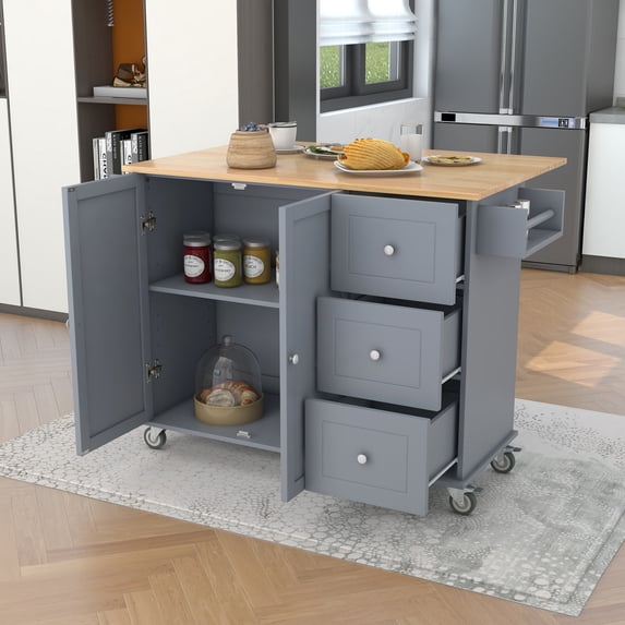 AENKYO 52.7'' Kitchen Island Cart with Drop Leaf, Rolling Kitchen Storage Cart with 3 Drawers, Grey Blue
