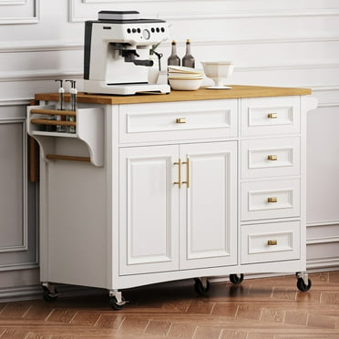 AENKYO 52'' Kitchen Island with Drop Leaf, Embossed Texture Kitchen Cart on Wheels with Spice Rack, Towel Rack, 2 Doors and 5 Drawers,Adjustable Shelf for Kitchen,White