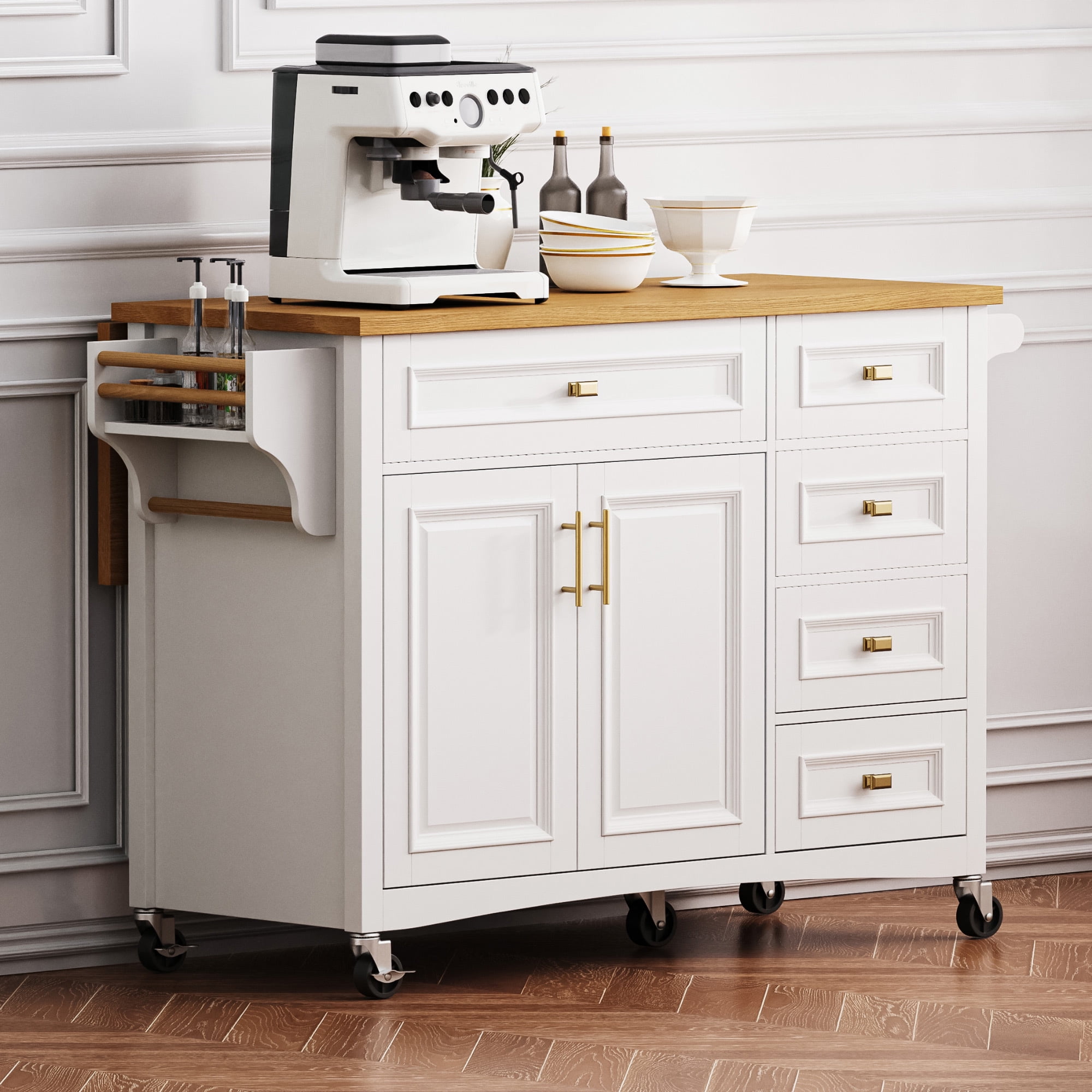 AENKYO 52'' Kitchen Island with Drop Leaf, Embossed Texture Kitchen Cart on Wheels with Spice Rack, Towel Rack, 2 Doors and 5 Drawers,Adjustable Shelf for Kitchen,White