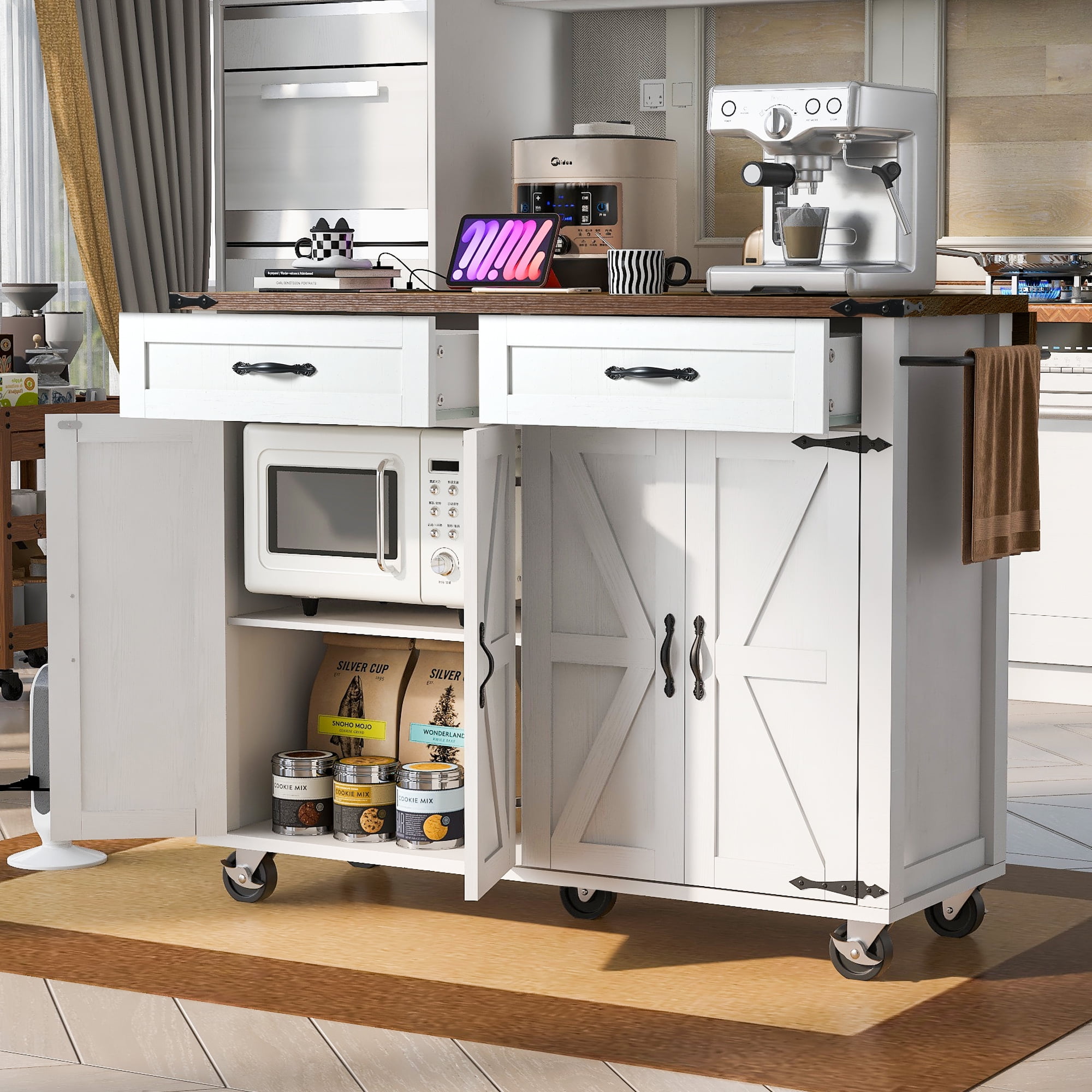 AENKYO 53.5'' Farmhouse Kitchen Island with Power Outlet, Drop Leaf, Spice Rack and Drawer, Rolling Kitchen Cart on Wheels, for Home, Kitchen and Dining Room,White