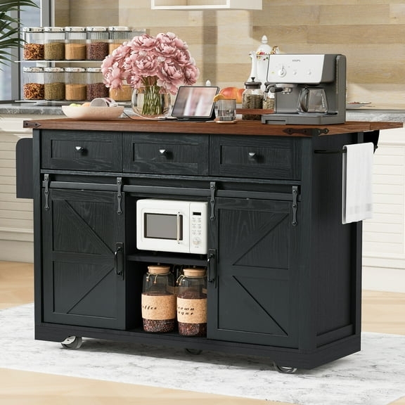 AENKYO 53.7" Farmhouse Kitchen Island with Power Outlet, 3 Drawers,2 Sliding Barn Door,Drop Leaf, Spice Rack,Rolling Kitchen Cart on Wheels for Home, Kitchen and Dining Room,Black