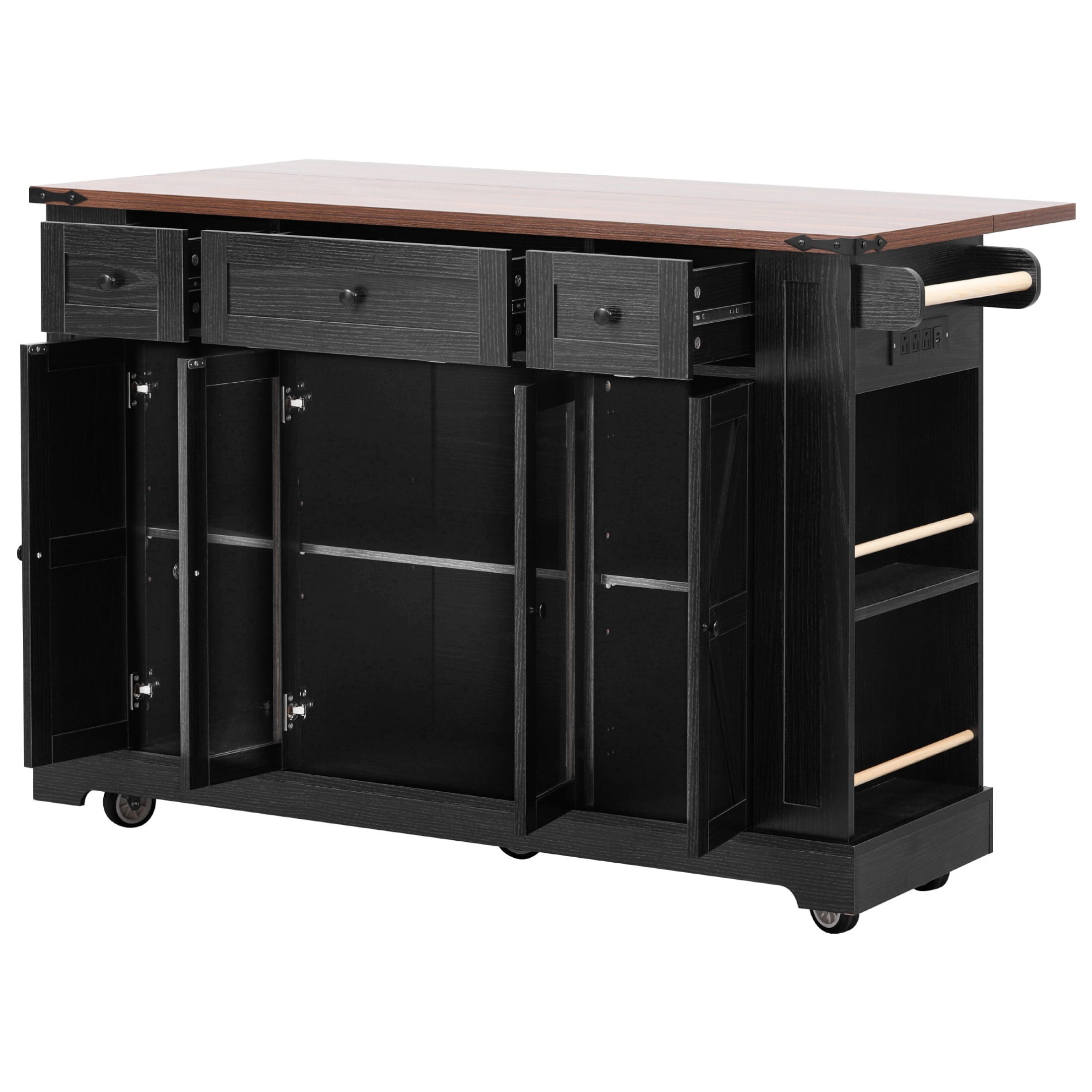 AENKYO 53'' Kitchen Island Cart with Drop Leaf and Charging Station, Rolling Kitchen Storage Cart with 3 Drawers, Black