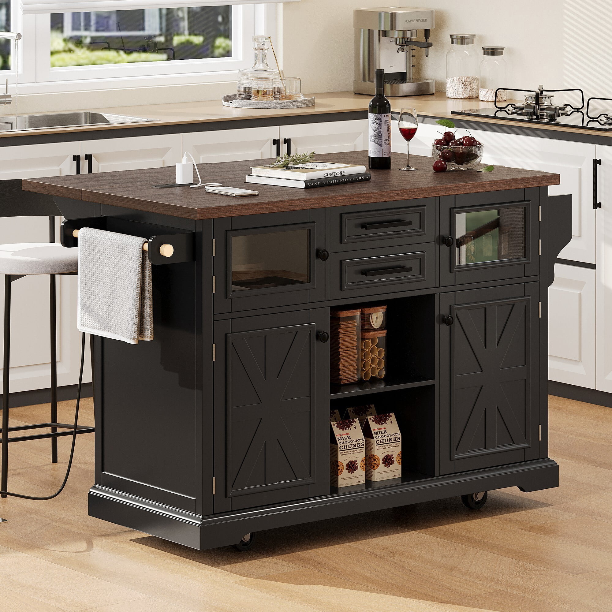 AENKYO 54.9'' Farmhouse Kitchen Island Cart with Drop Leaf, Charging Station, Adjustable Shelves, and Lockable Wheels, Black