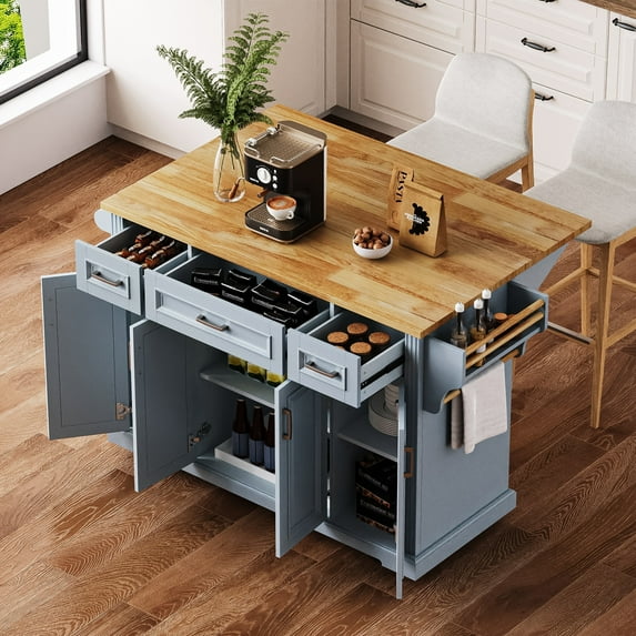 AENKYO 54" Large Kitchen Island with Rubber Wood Drop Leaf, Embossed Texture Rolling Kitchen Cart on 4 Wheels with 4 Doors and 3 Drawers for Kitchen, Dining Room,Grey Blue