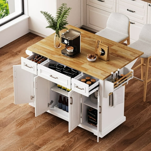 AENKYO 54" Large Kitchen Island with Rubber Wood Drop Leaf, Embossed Texture Rolling Kitchen Cart on 4 Wheels with 4 Doors and 3 Drawers for Kitchen, Dining Room,White
