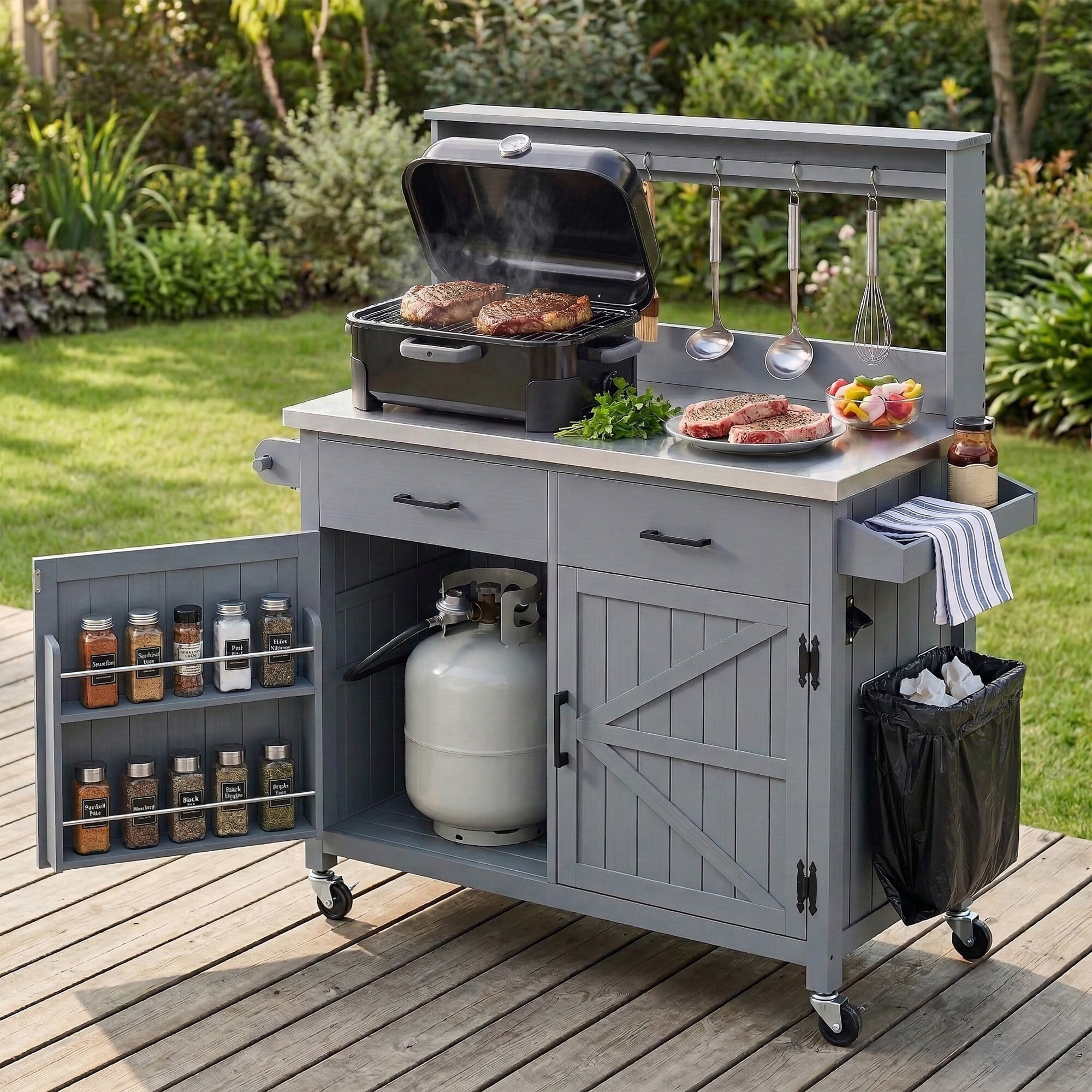 AENKYO 54" Outdoor Kitchen Island, Rolling Grill Cart & Potting Bench with Stainless Steel Top, BBQ Prep Station, Blue