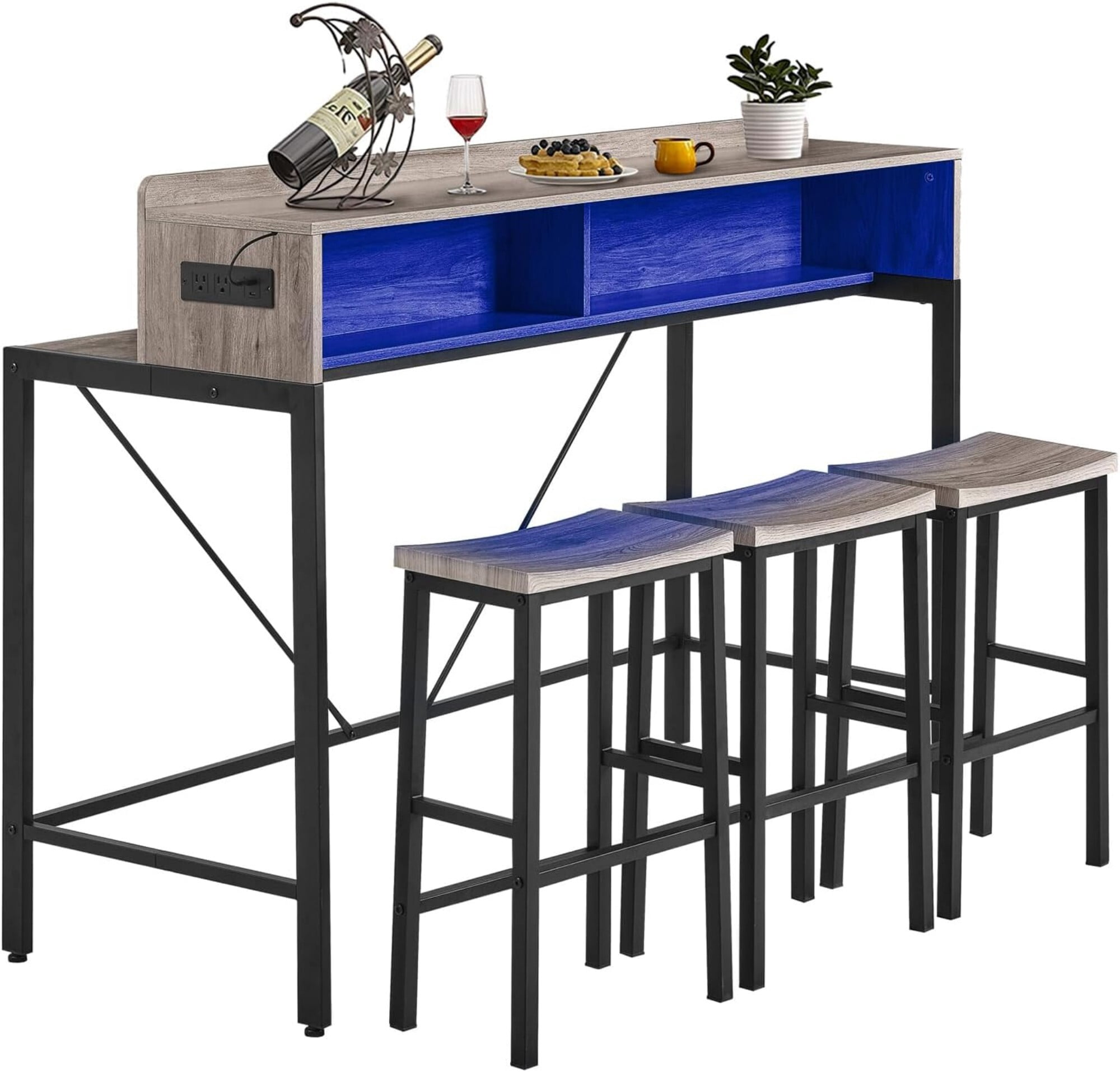 AENKYO 59" 4-Piece Sofa Bar Table and Chair Set, Dining Table with 3 Saddle Stools, Charging Station & LED Lights, Antique Gray