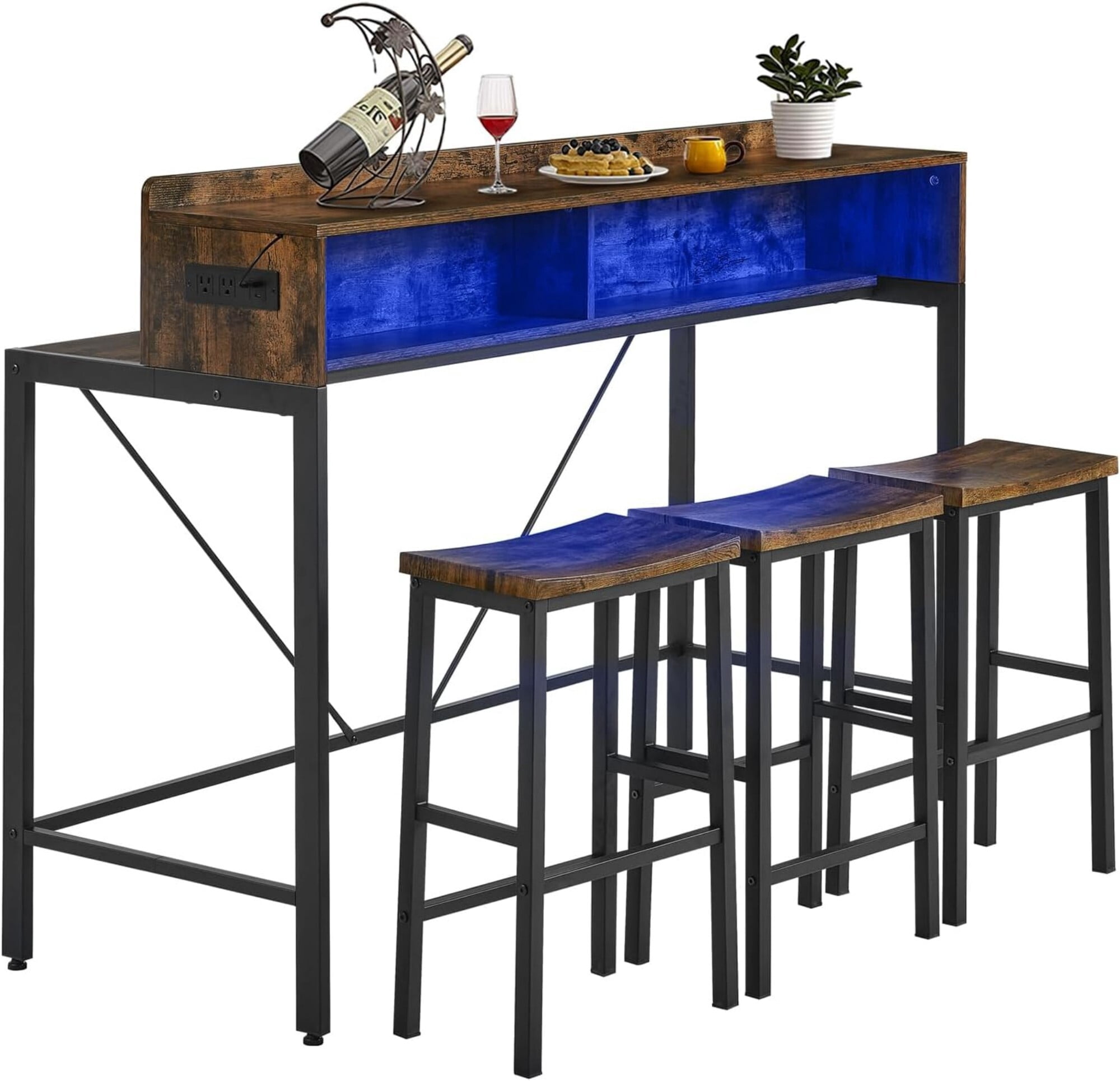 AENKYO 59" 4-Piece Sofa Bar Table and Chair Set, Dining Table with 3 Saddle Stools, Charging Station & LED Lights, Rustic Brown
