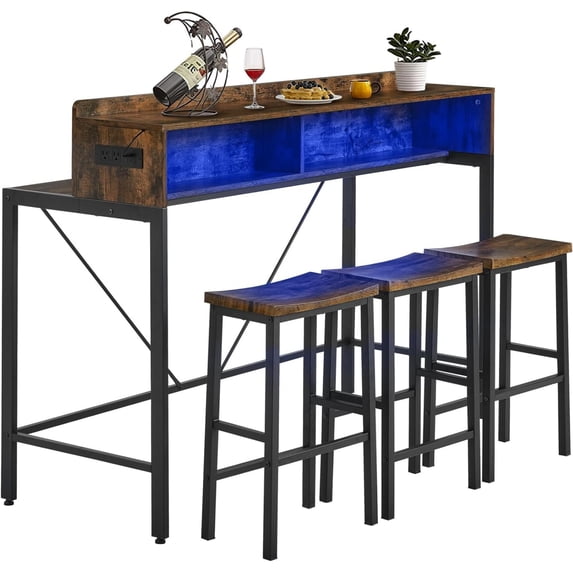 AENKYO 59" 4-Piece Sofa Bar Table and Chair Set, Dining Table with 3 Saddle Stools, Charging Station & LED Lights, Rustic Brown