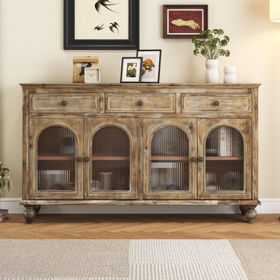 AENKYO 59" Farmhouse Sideboard Buffet, Distressed Wood Credenza with 3 Drawers & 4 Fluted Glass Doors, Brown
