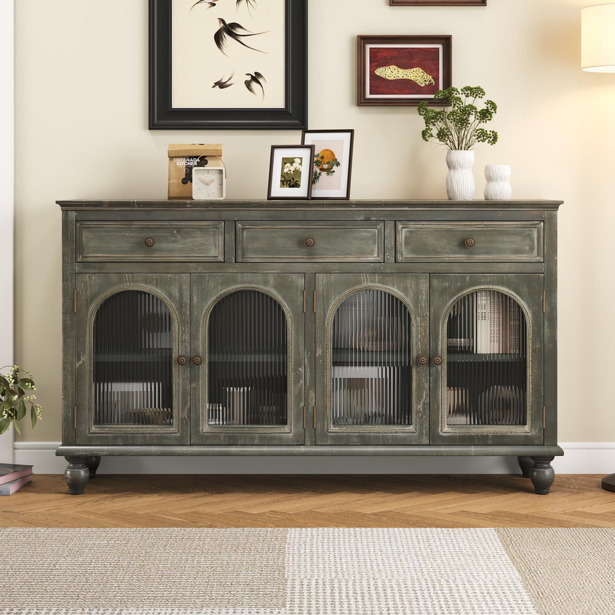 AENKYO 59" Farmhouse Sideboard Buffet, Distressed Wood Credenza with 3 Drawers & 4 Fluted Glass Doors, Gray