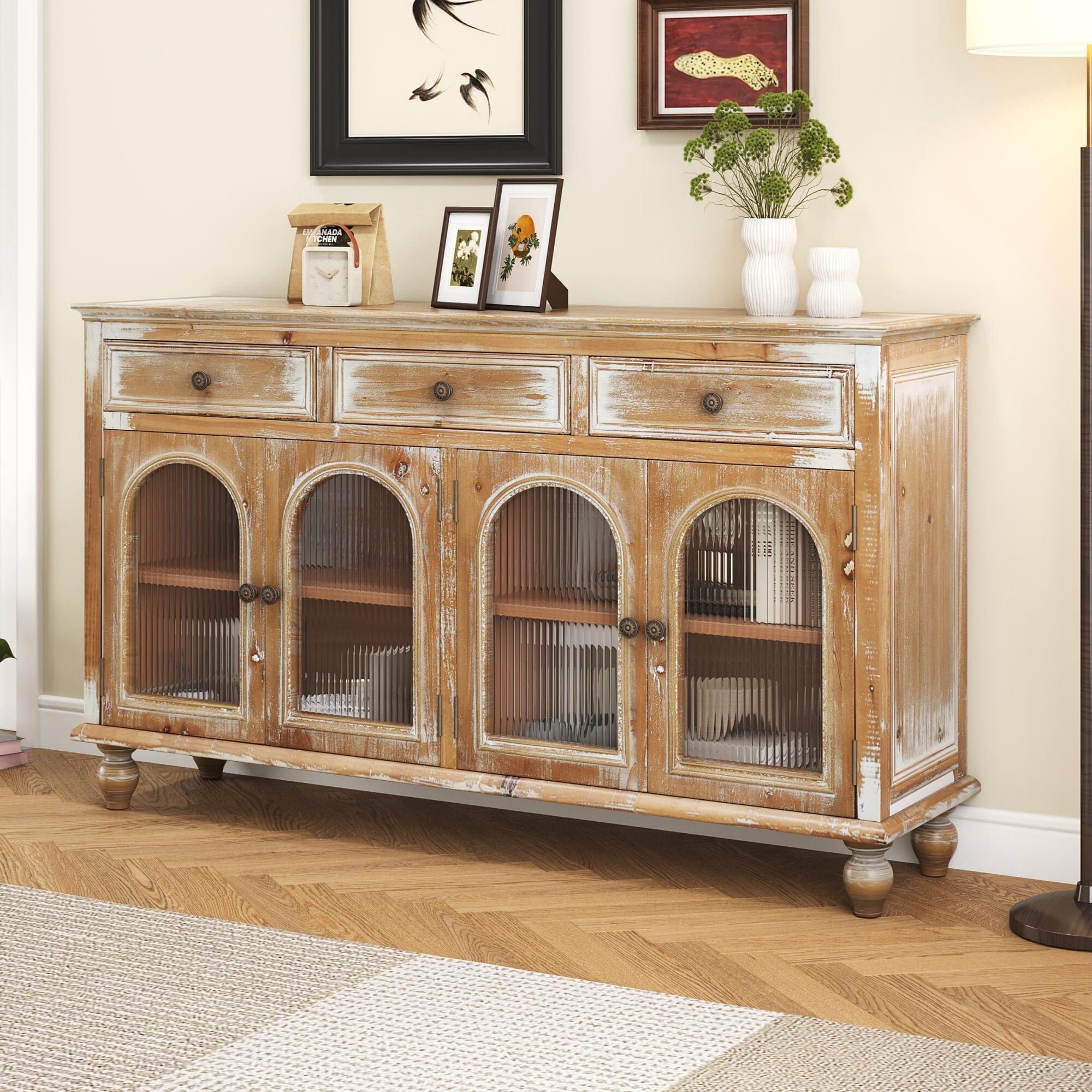 AENKYO 59" Farmhouse Sideboard Buffet, Distressed Wood Credenza with 3 Drawers & 4 Fluted Glass Doors, Natural