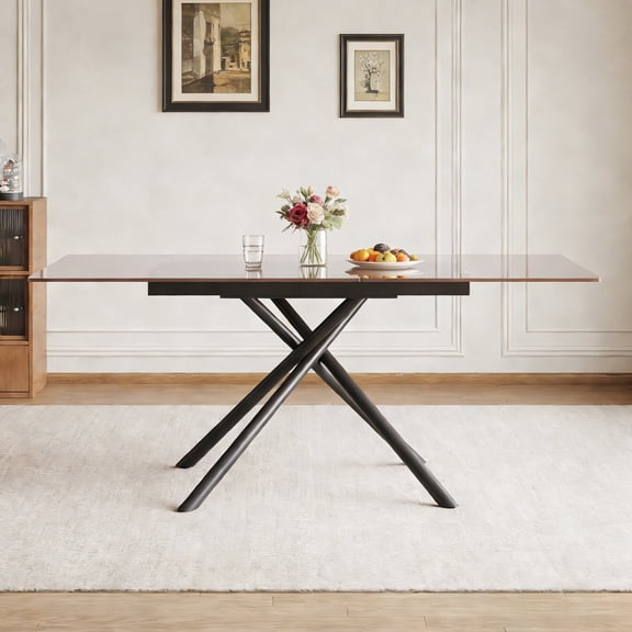 AENKYO 59" Modern Expandable Dining Table, Brown Sandblasted Glass Top with X-Base, Small Space Table for 4-6 Persons