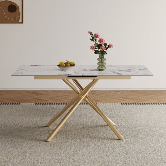 AENKYO 59" Modern Expandable Dining Table, Sintered Stone Marble Top Retractable Table for 4-6 People, Gold X-Base