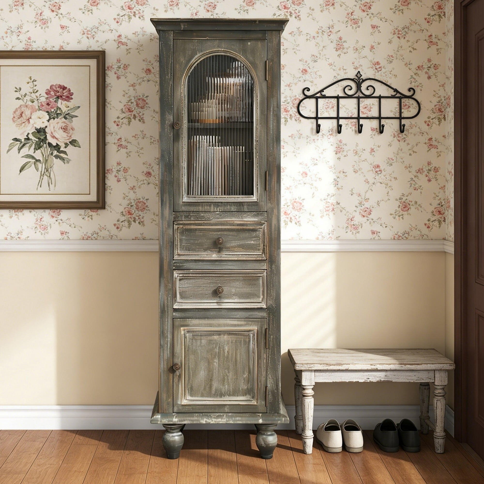 AENKYO 59" Tall Farmhouse Storage Cabinet, Rustic Wood Accent Chest w/ Reeded Glass Door & 2 Drawers, Antique Gray