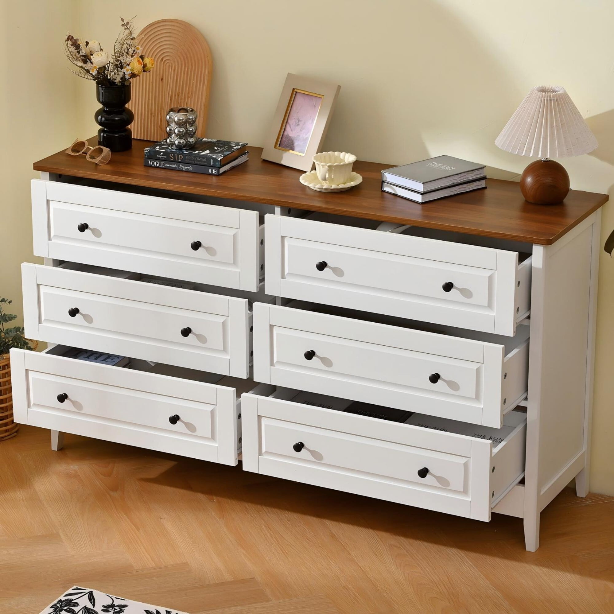 AENKYO 6-Drawer Chests with Walnut Top, Double Dresser for Bedroom ...