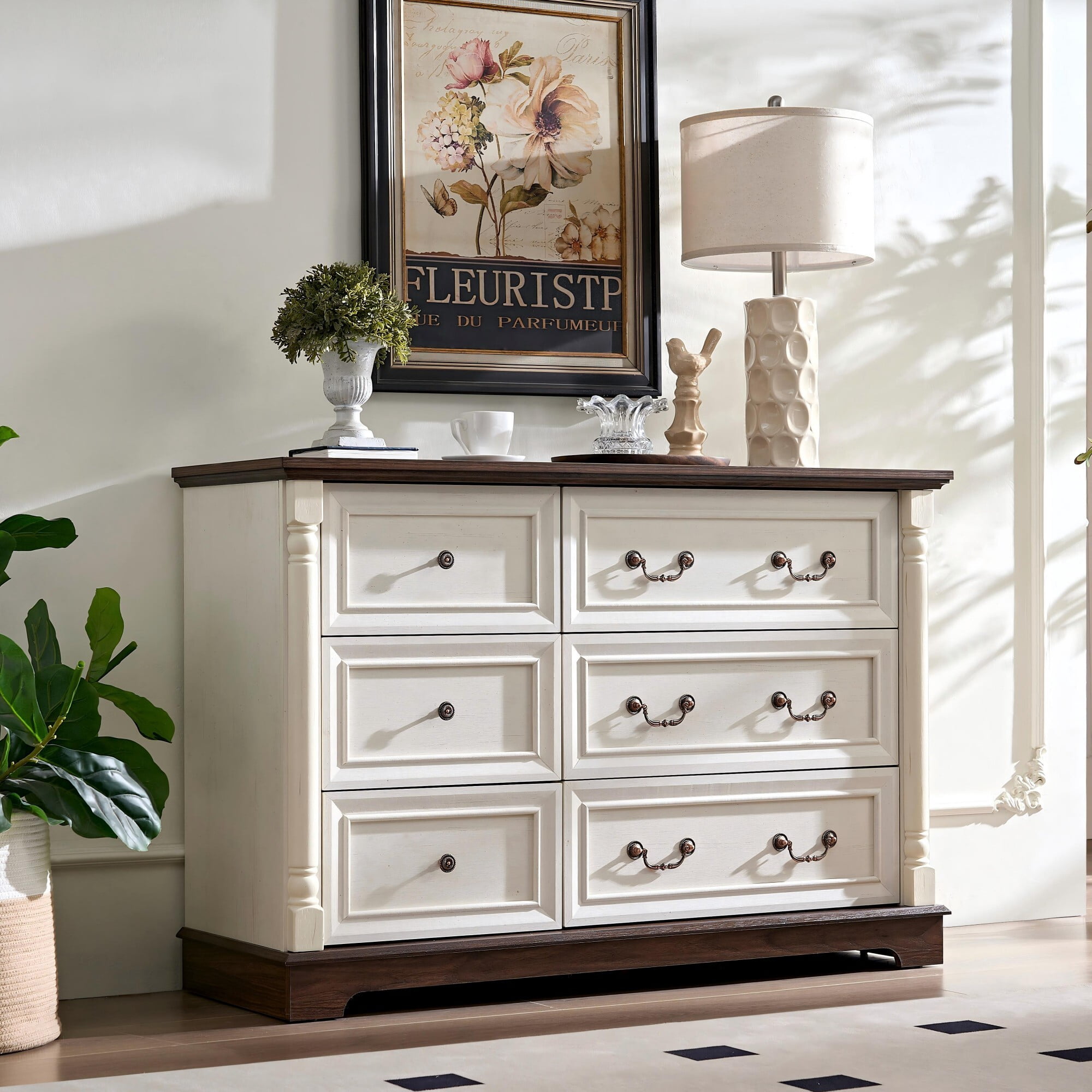 AENKYO 6-Drawer Wide Dresser, Rustic Farmhouse Chest of Drawers for Bedroom or Living Room, Antique White