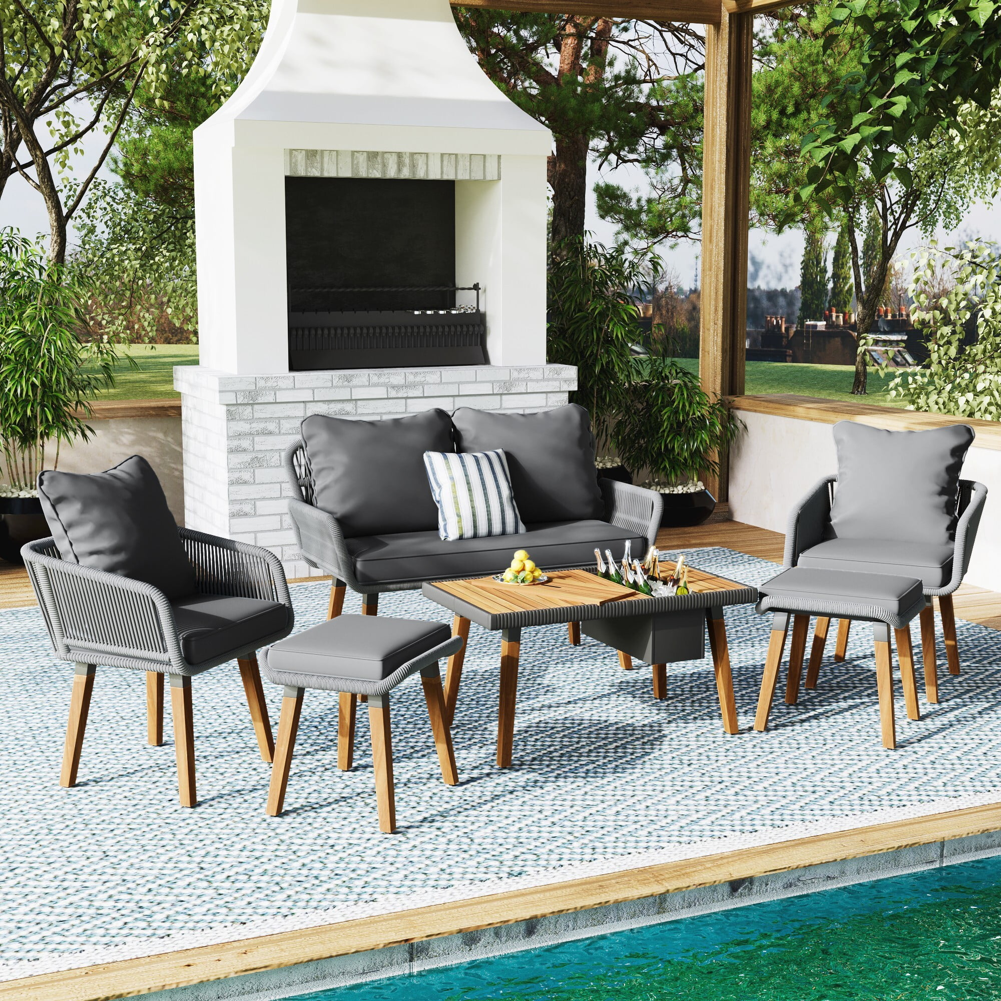 AENKYO 6-Piece Outdoor Patio Furniture Set, Patio Conversation Set with Cushioned Rope Woven Chairs, Cool Bar Coffee Table with Ice Bucket, Dark Gray