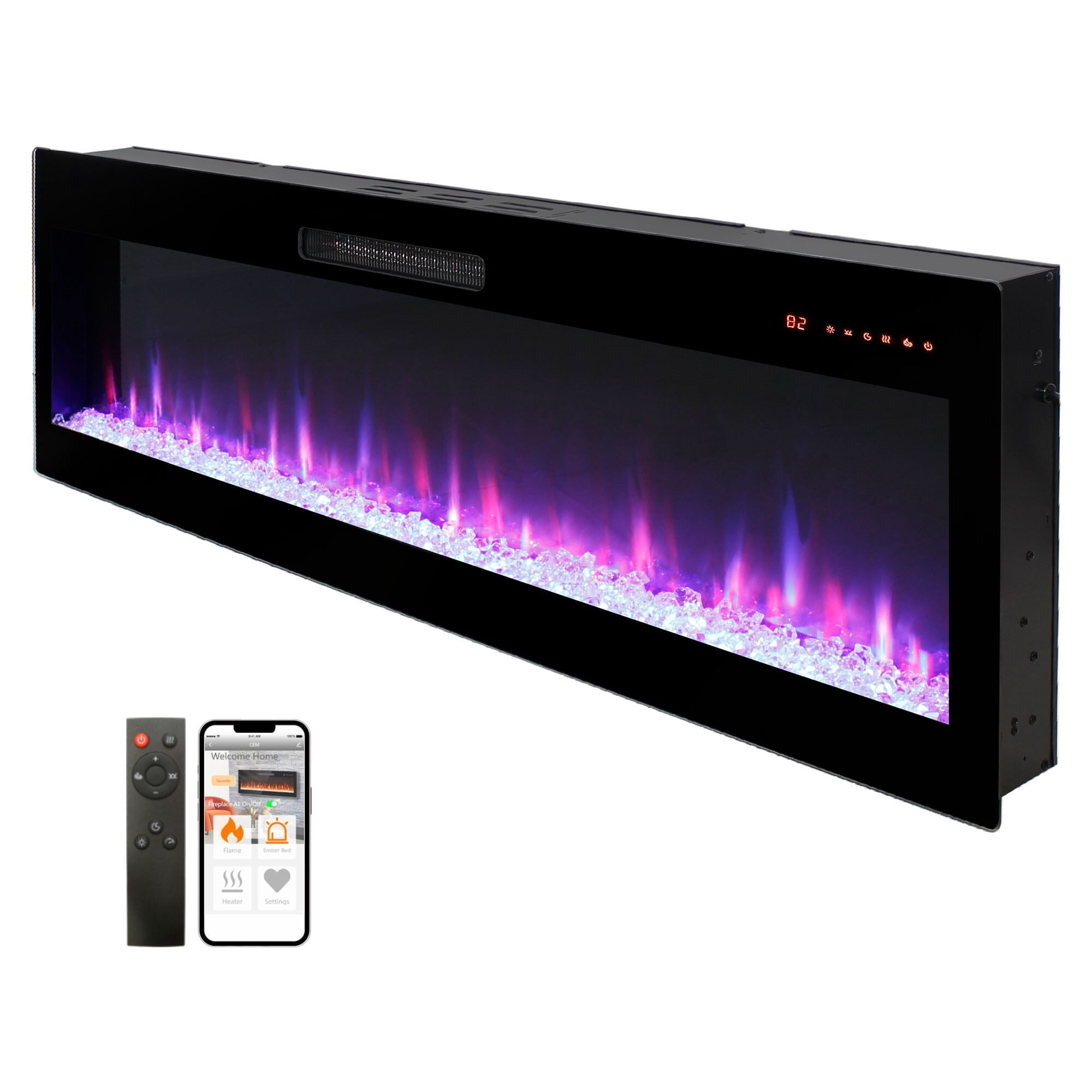 AENKYO 60" Smart Electric Fireplace Wall Mounted & Recessed, WiFi & Alexa Control, 3D Flame with 16 Colors, Timer & Heater, CSA Certified, Black