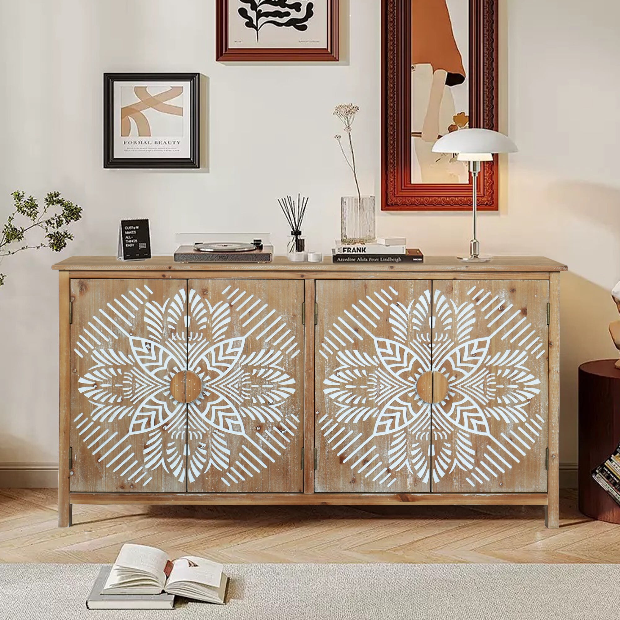 AENKYO 60" Vintage Accent Cabinet with Carved Doors, Adjustable Shelves, Entryway Sideboard Buffet Cabinet, Antique Brown