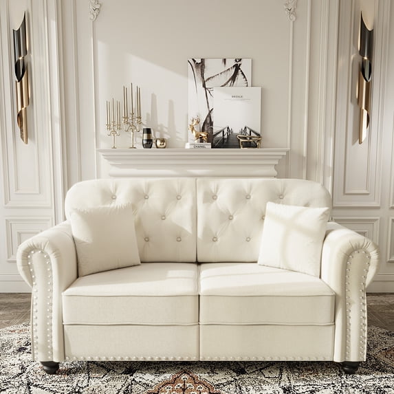 AENKYO 63" Chesterfield Velvet Loveseat, Mid-Century Modern 2-Seat Sofa with Nailhead Trim and Tufted Back, Beige