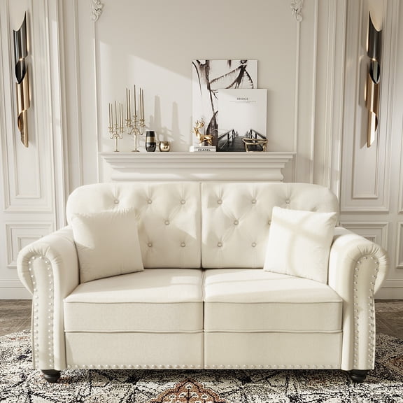 AENKYO 63" Chesterfield Velvet Loveseat, Mid-Century Modern 2-Seat Sofa with Nailhead Trim and Tufted Back, Beige