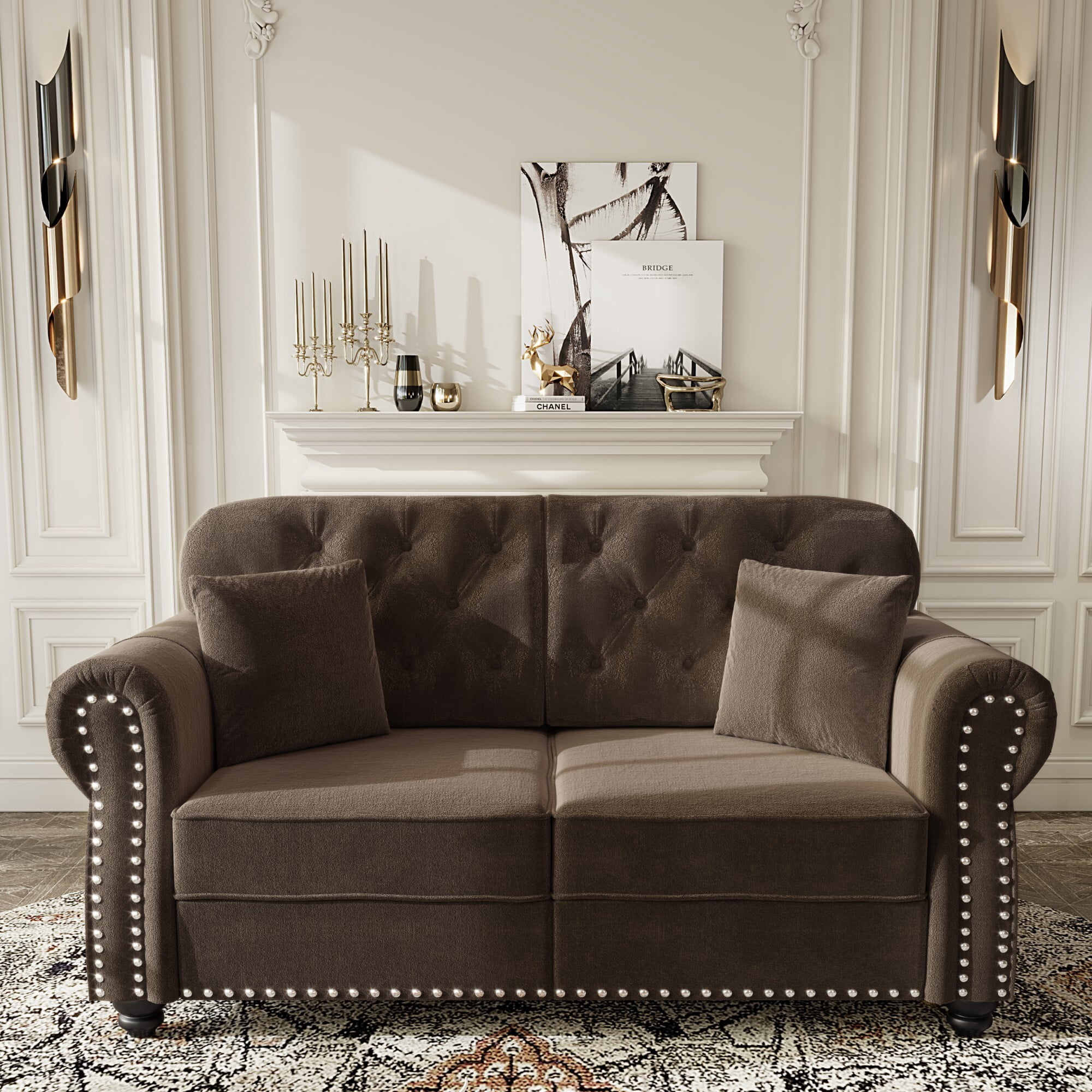 AENKYO 63" Chesterfield Velvet Loveseat, Mid-Century Modern 2-Seat Sofa with Nailhead Trim and Tufted Back, Brown