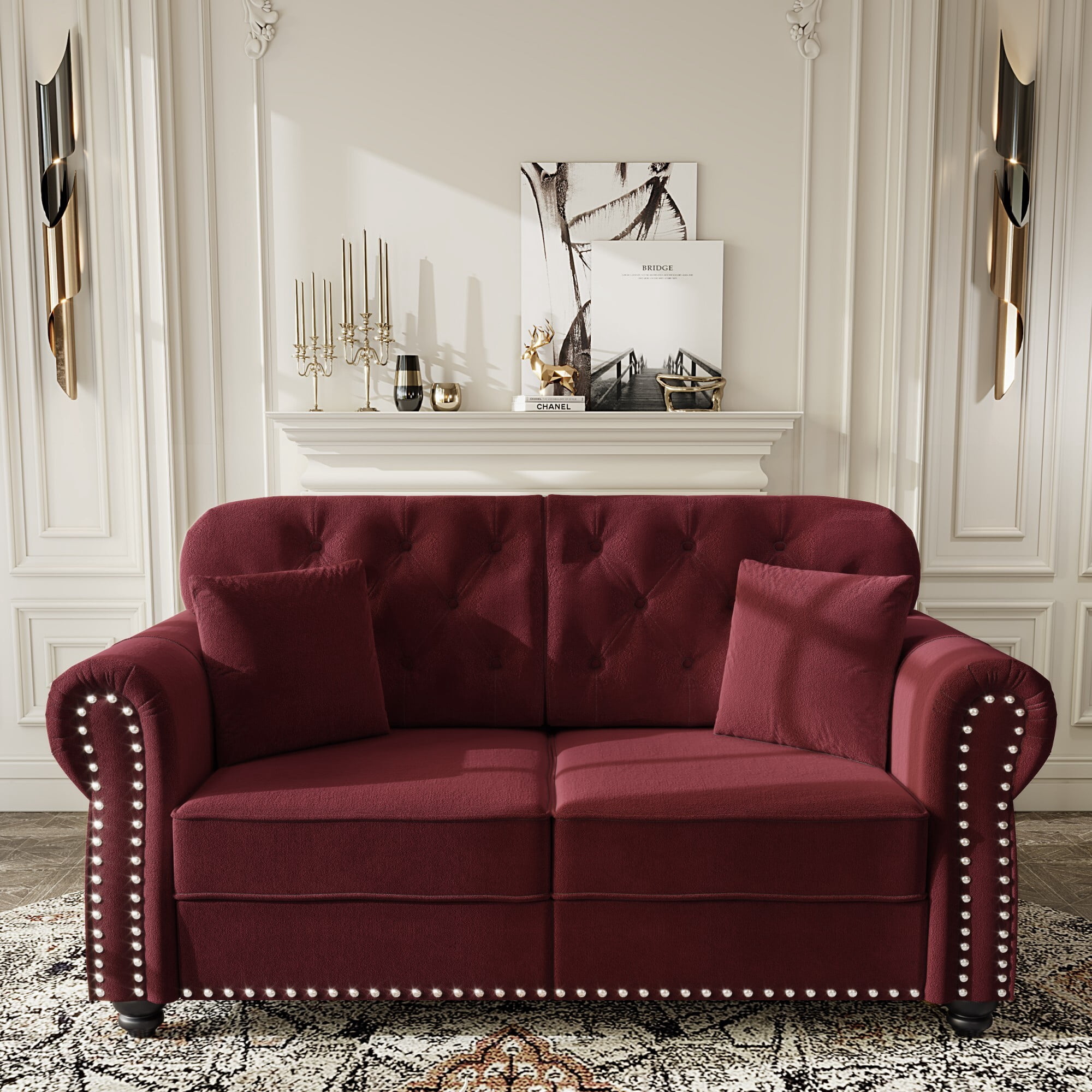 AENKYO 63" Chesterfield Velvet Loveseat, Mid-Century Modern 2-Seat Sofa with Nailhead Trim and Tufted Back, Burgundy