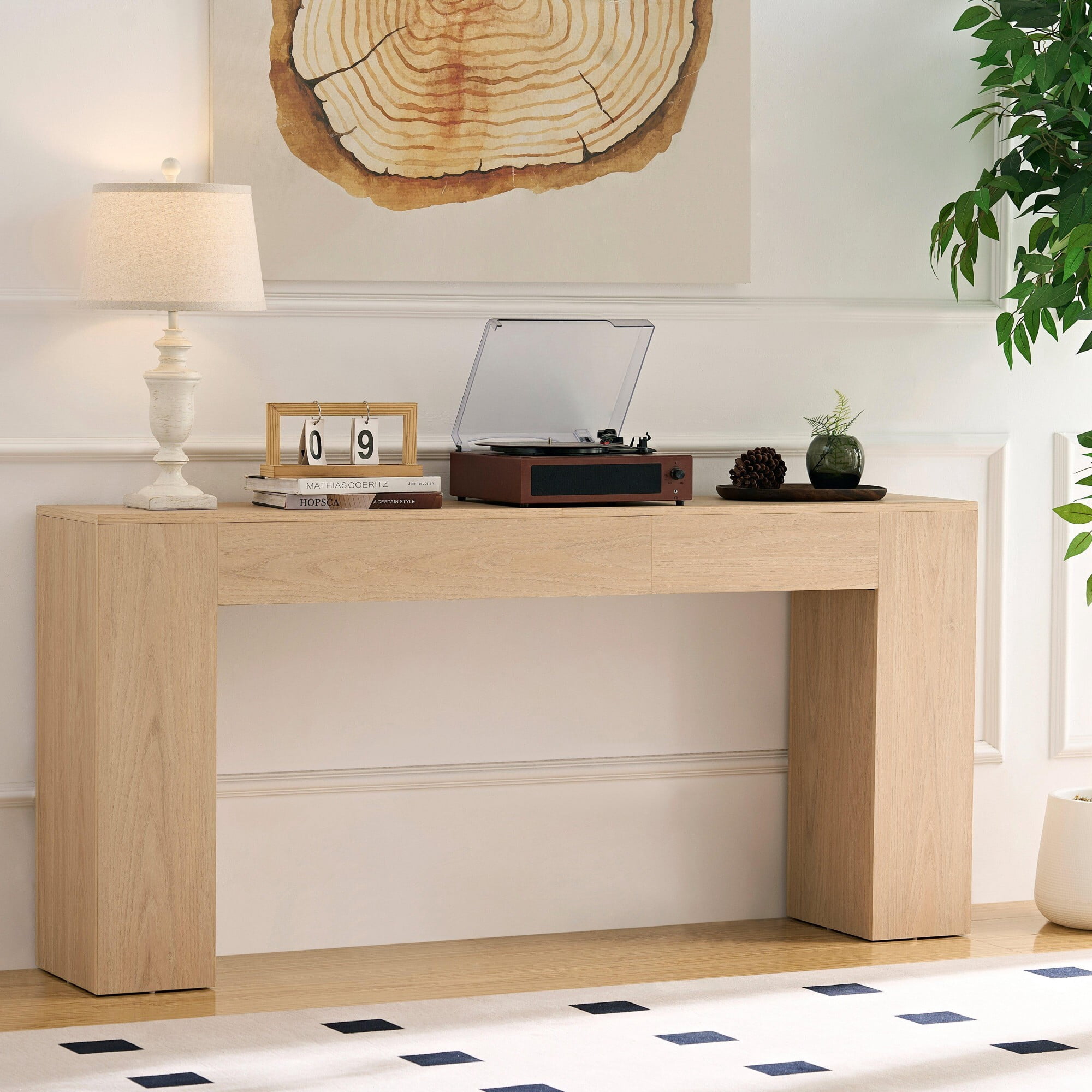 AENKYO 63" Farmhouse Console Table, Extra Long Sofa Table for Entryway and Living Room, Rustic Wood Finish, Light Oak