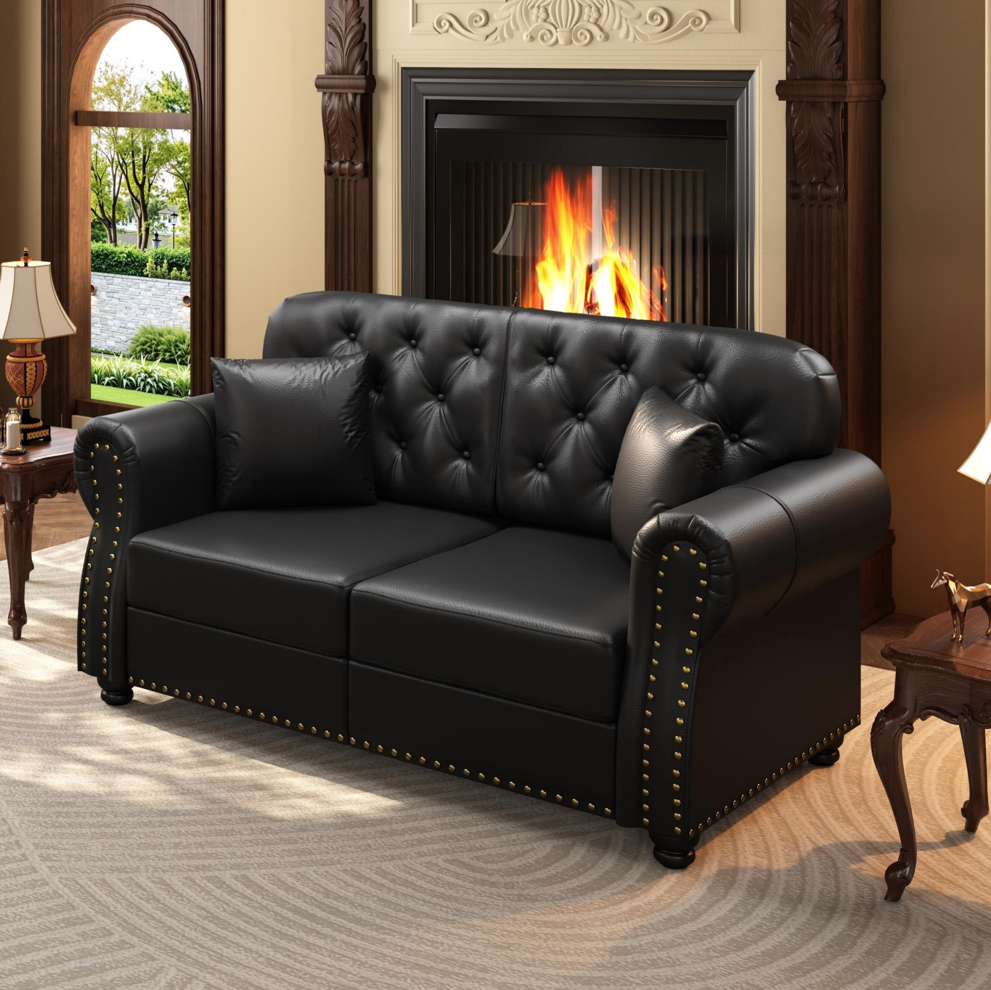 AENKYO 63" Faux Leather Loveseat, Mid-Century Chesterfield 2-Seater Sofa with Tufted Back & Nailhead Trim, Black