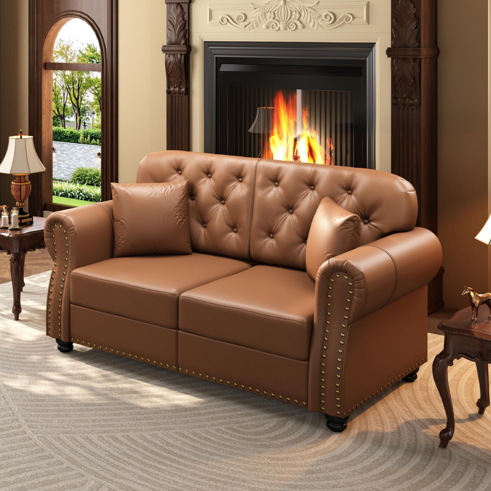 AENKYO 63" Faux Leather Loveseat, Mid-Century Chesterfield 2-Seater Sofa with Tufted Back & Nailhead Trim, Brown