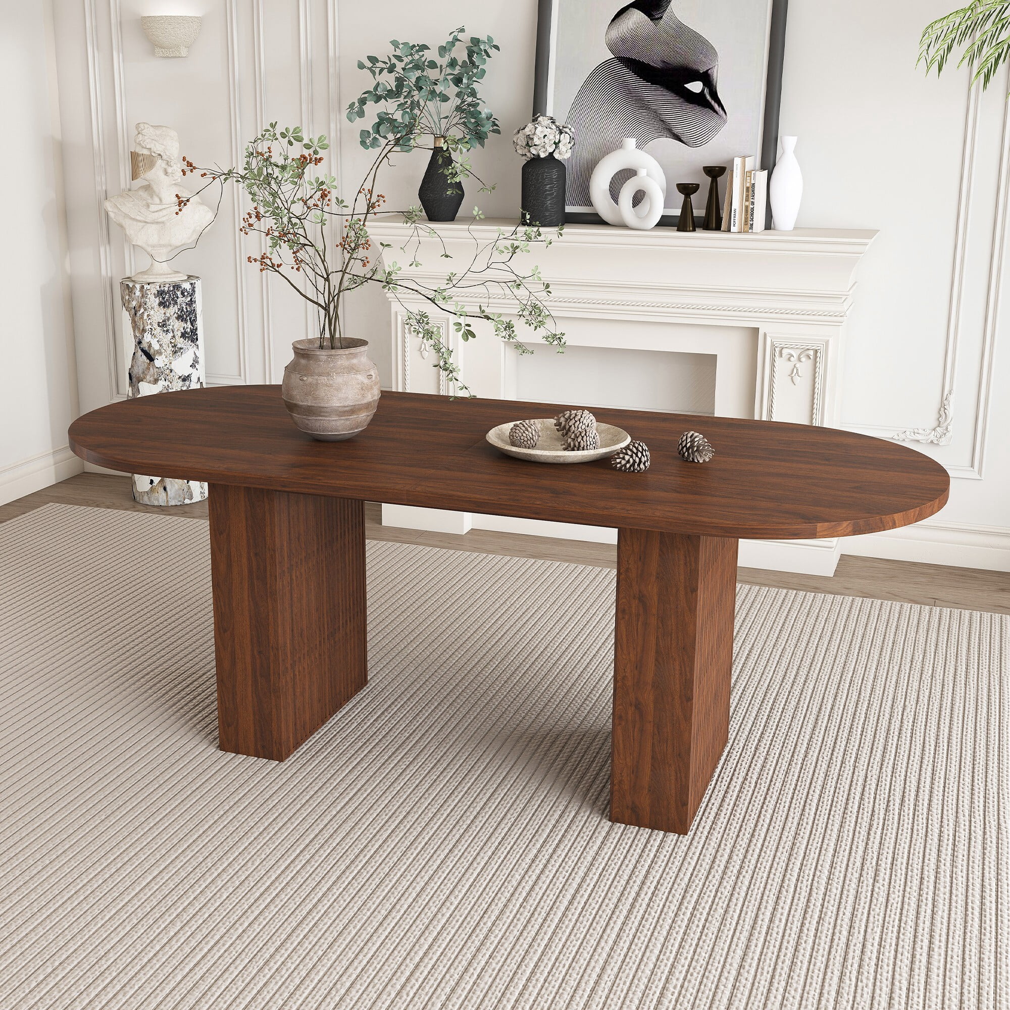 AENKYO 63" Oval Dining Table for 4-6, Modern Farmhouse Kitchen Table with Fluted Pedestal Base, Walnut