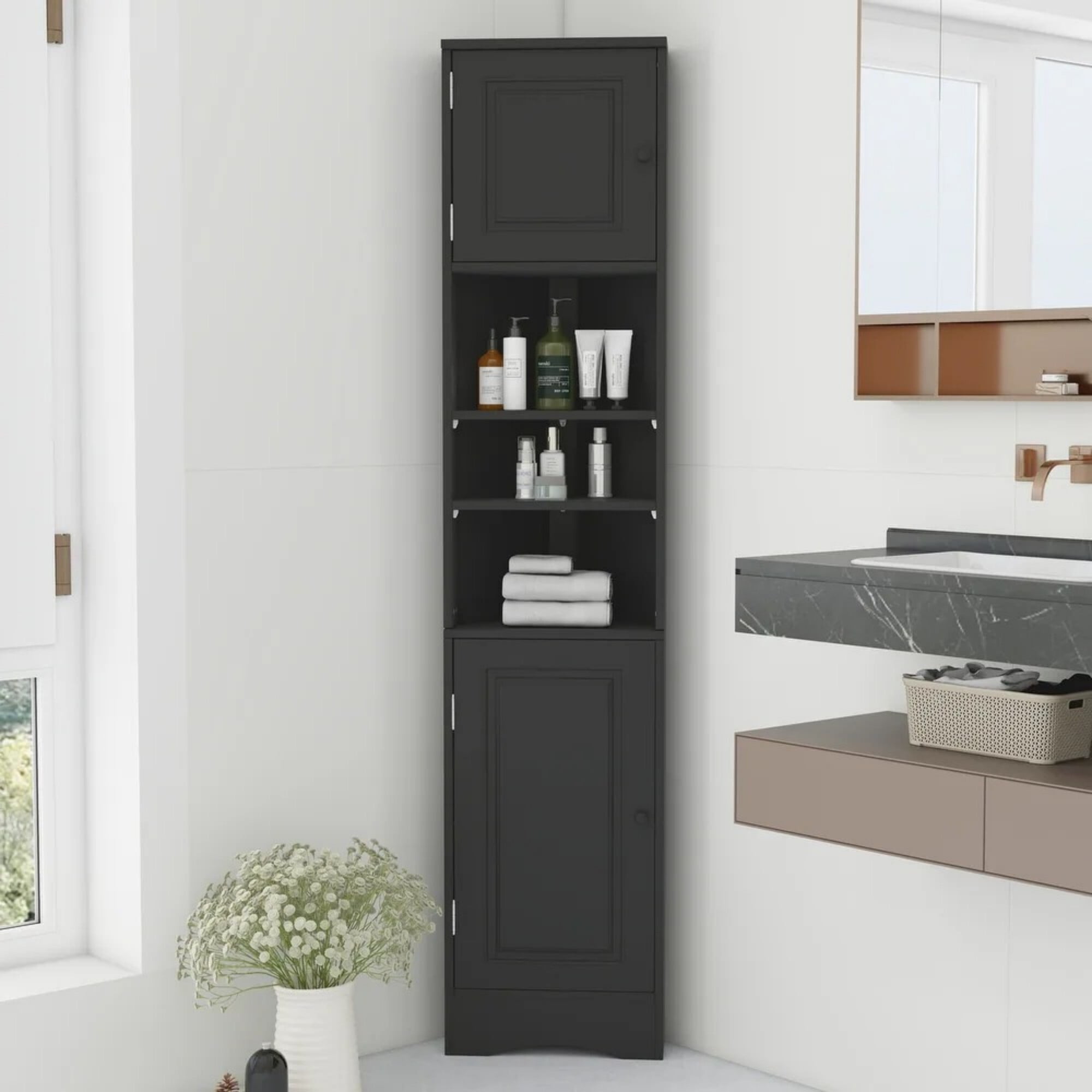 AENKYO 66.9" Corner Bathroom Cabinet with Adjustable Shelves, Tall Space-Saving Organizer for Bathrooms, Black