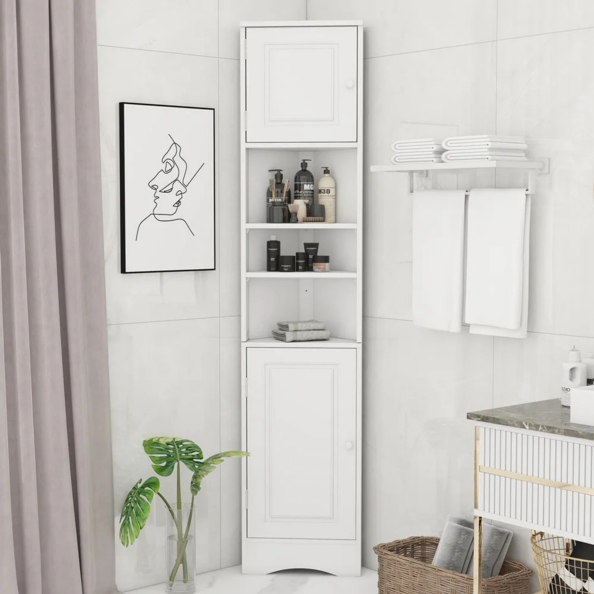 AENKYO 66.9" Corner Bathroom Cabinet with Adjustable Shelves, Tall Space-Saving Organizer for Bathrooms, White