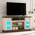 thumbnail image 1 of AENKYO 66" Farmhouse TV Stand with RGB LED Lights, Adjustable Shelves & Glass Doors for TVs up to 70in, Antique White, 1 of 8