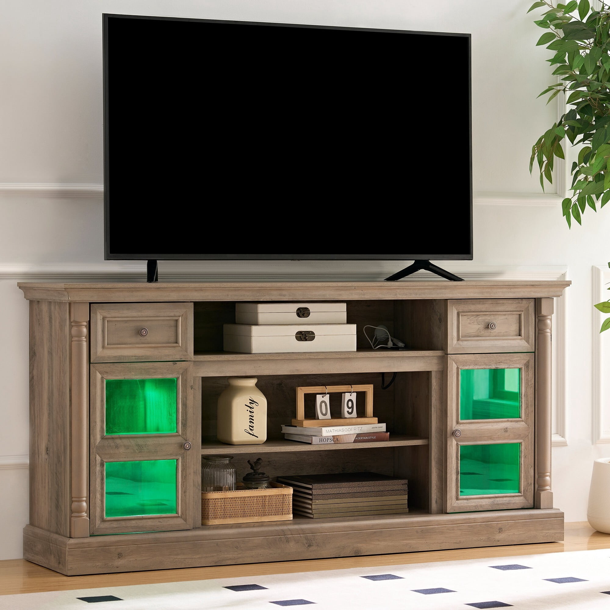 AENKYO 66" Farmhouse TV Stand with RGB LED Lights, Adjustable Shelves & Glass Doors for TVs up to 70in, Walnut