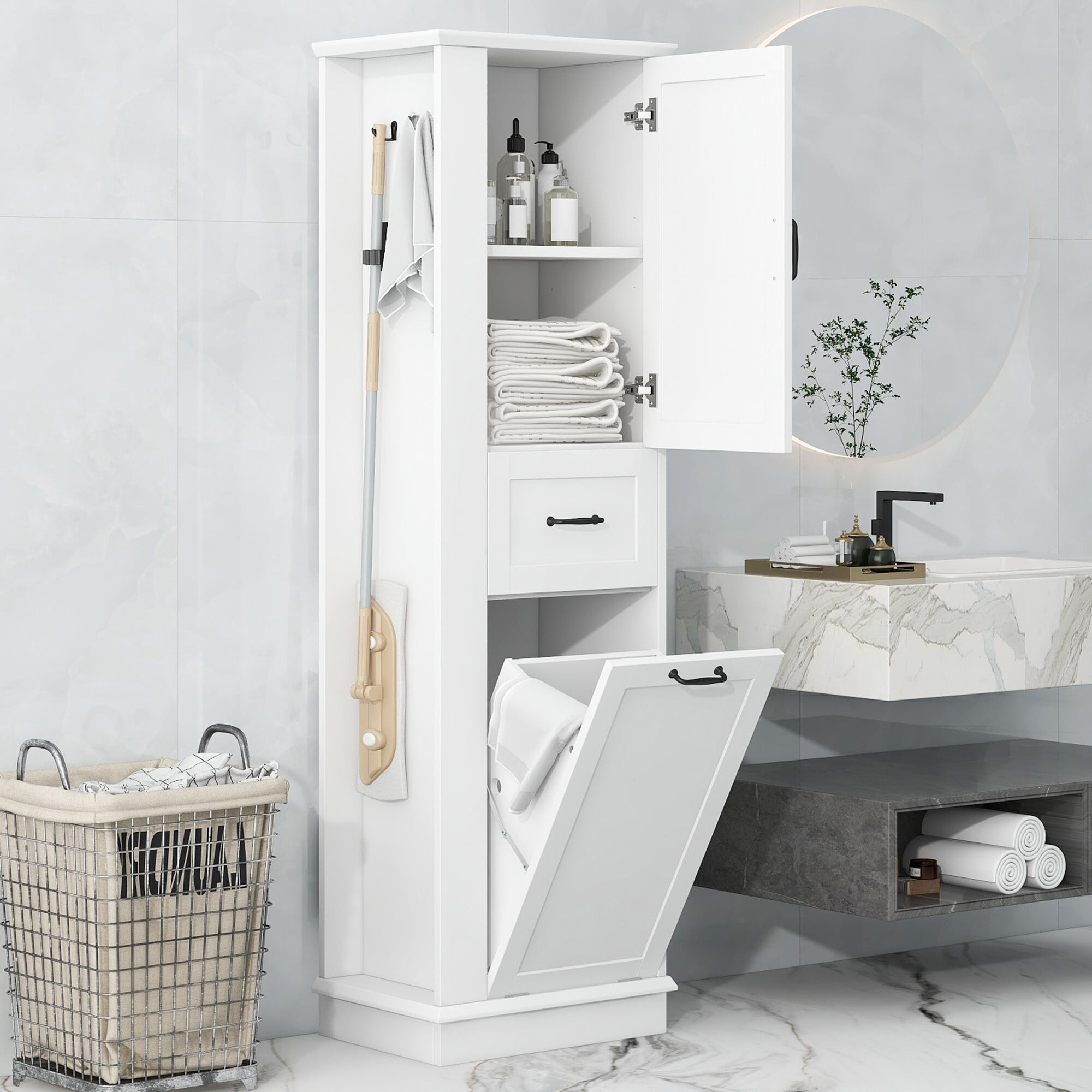 AENKYO 67.8" Tall Bathroom Storage Cabinet with Adjustable Shelf, Tilt-Out Drawer, and Side Hooks, White