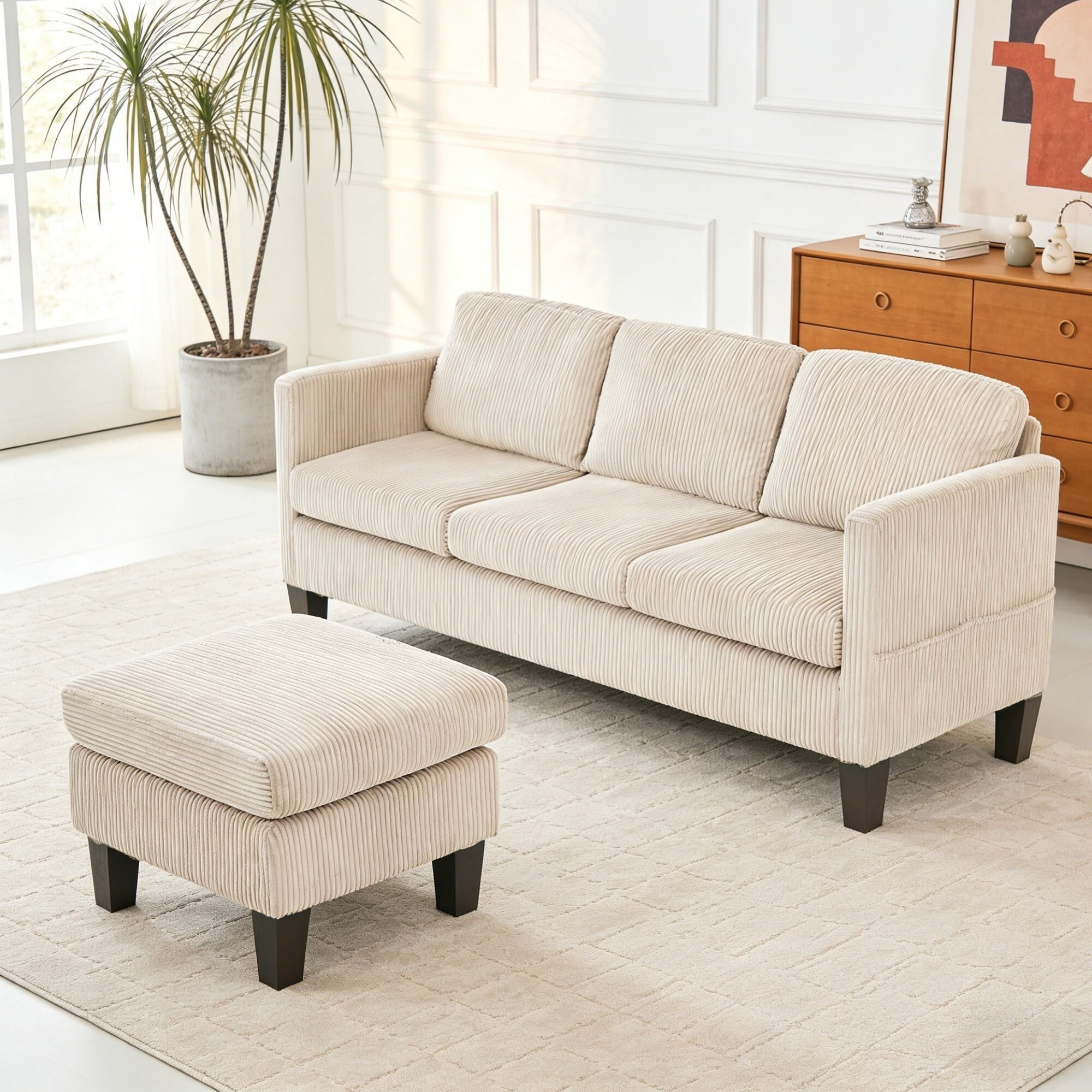 AENKYO 67" L-Shaped Corduroy Sectional Sofa with Storage Ottoman, Modern 3-Seat Couch w/ Side Pockets, Beige