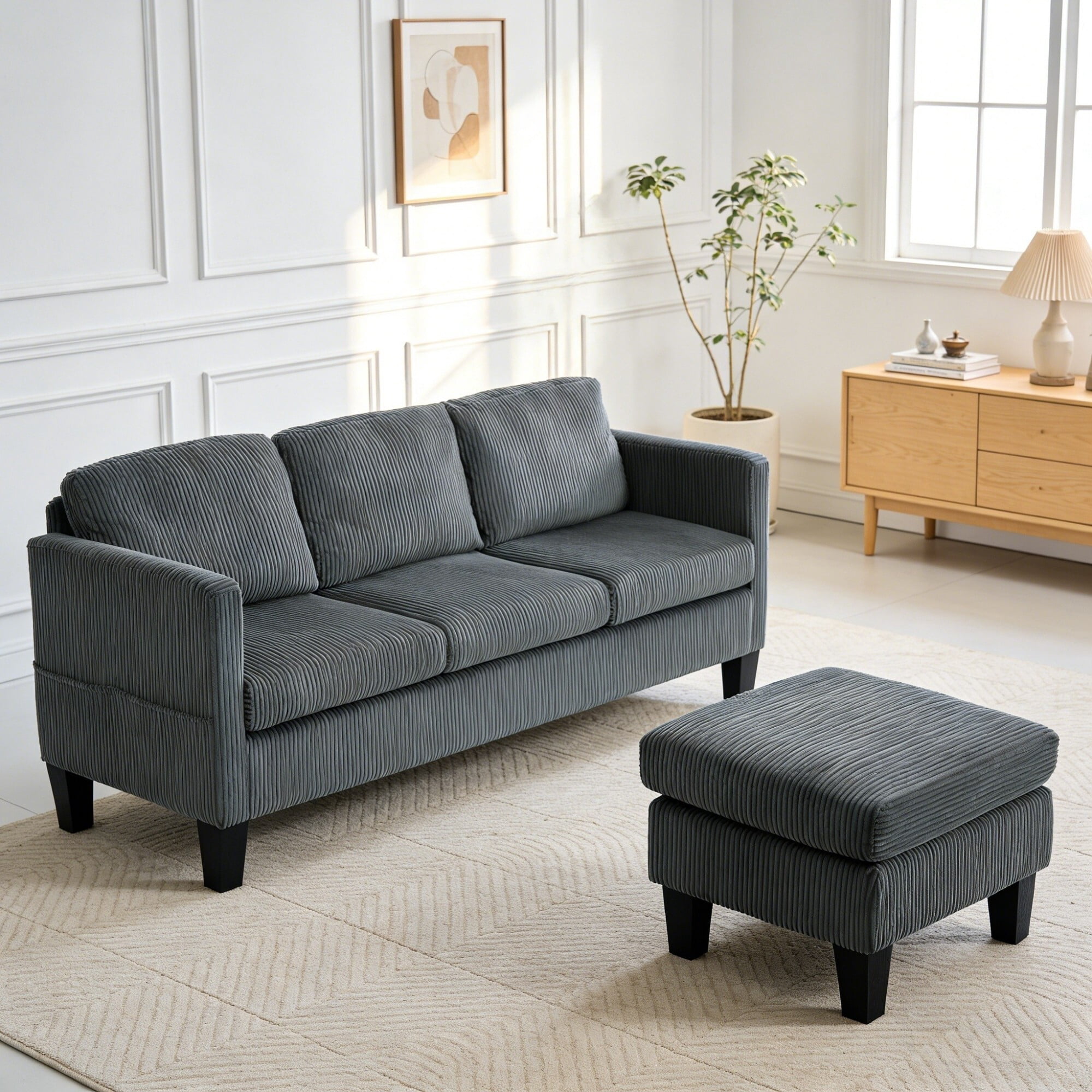 AENKYO 67" L-Shaped Corduroy Sectional Sofa with Storage Ottoman, Modern 3-Seat Couch w/ Side Pockets, Gray