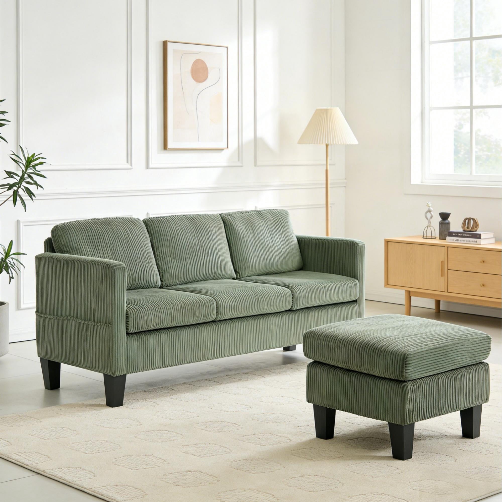 AENKYO 67" L-Shaped Corduroy Sectional Sofa with Storage Ottoman, Modern 3-Seat Couch w/ Side Pockets, Green