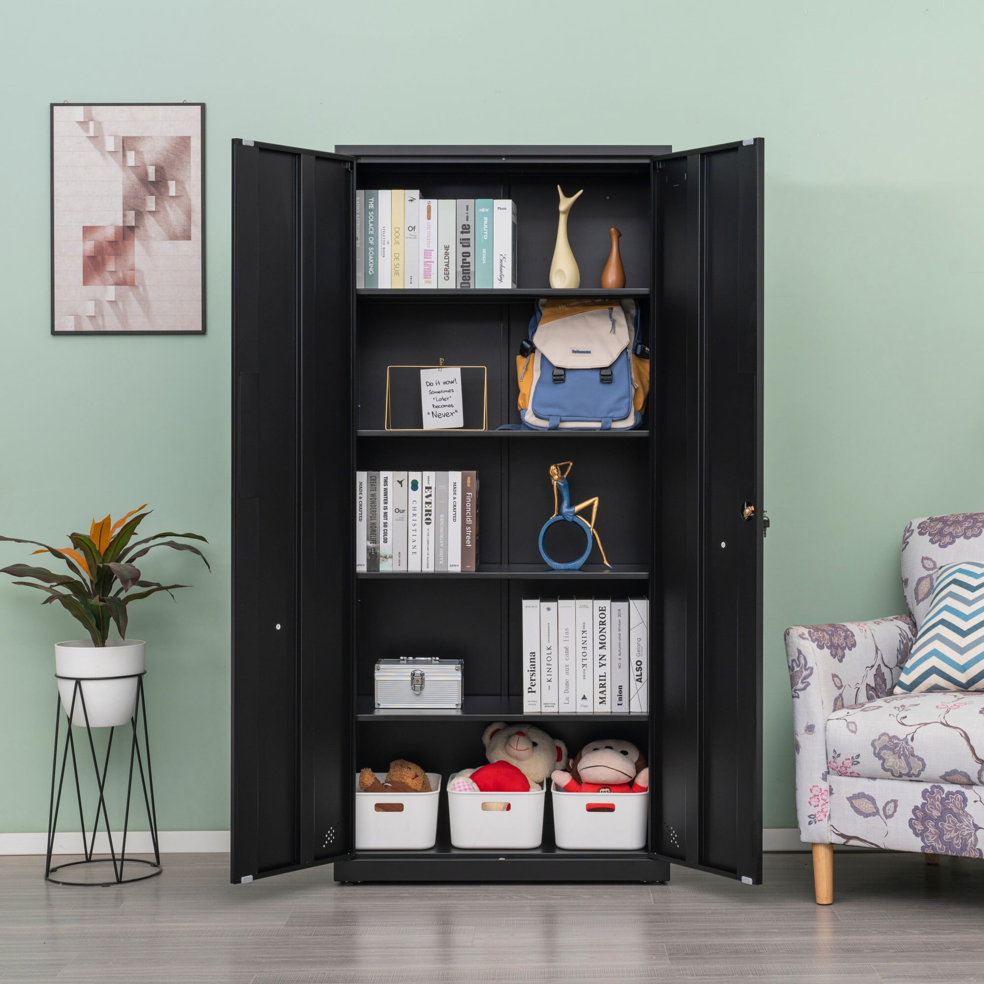 AENKYO 68.9" Heavy Duty Metal Storage Cabinet with Adjustable Shelves & Lock, Steel Locker for Home and Office, Black