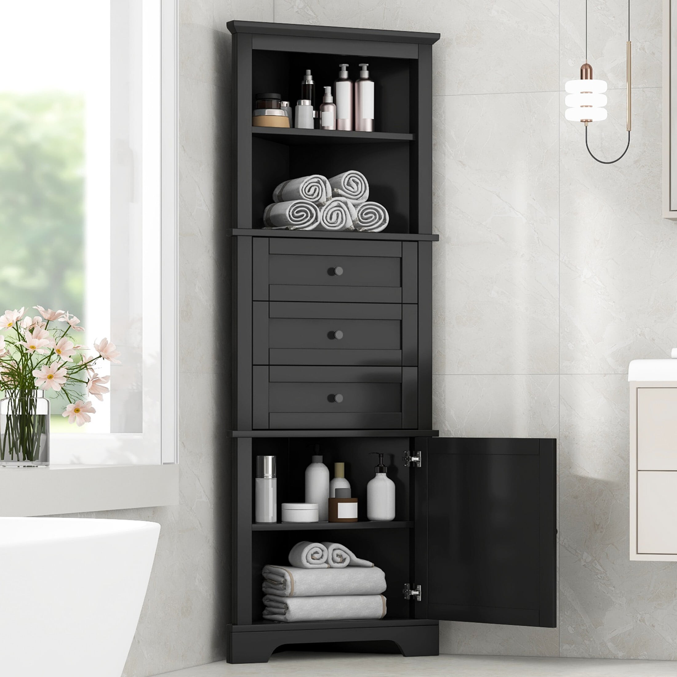 AENKYO 68.9 inch Bathroom Corner Cabinet with Adjustable Shelves, Stylish Corner Storage Cabinet for Home, Black