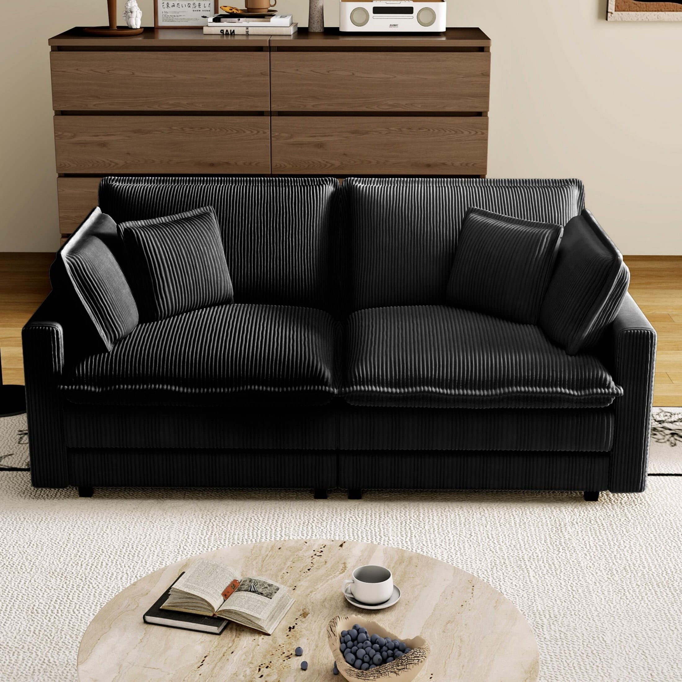 AENKYO 70.86'' Oversized Deep Seat Loveseat Sofa, Corduroy 2-Seater Couch with 4 Pillows, Black
