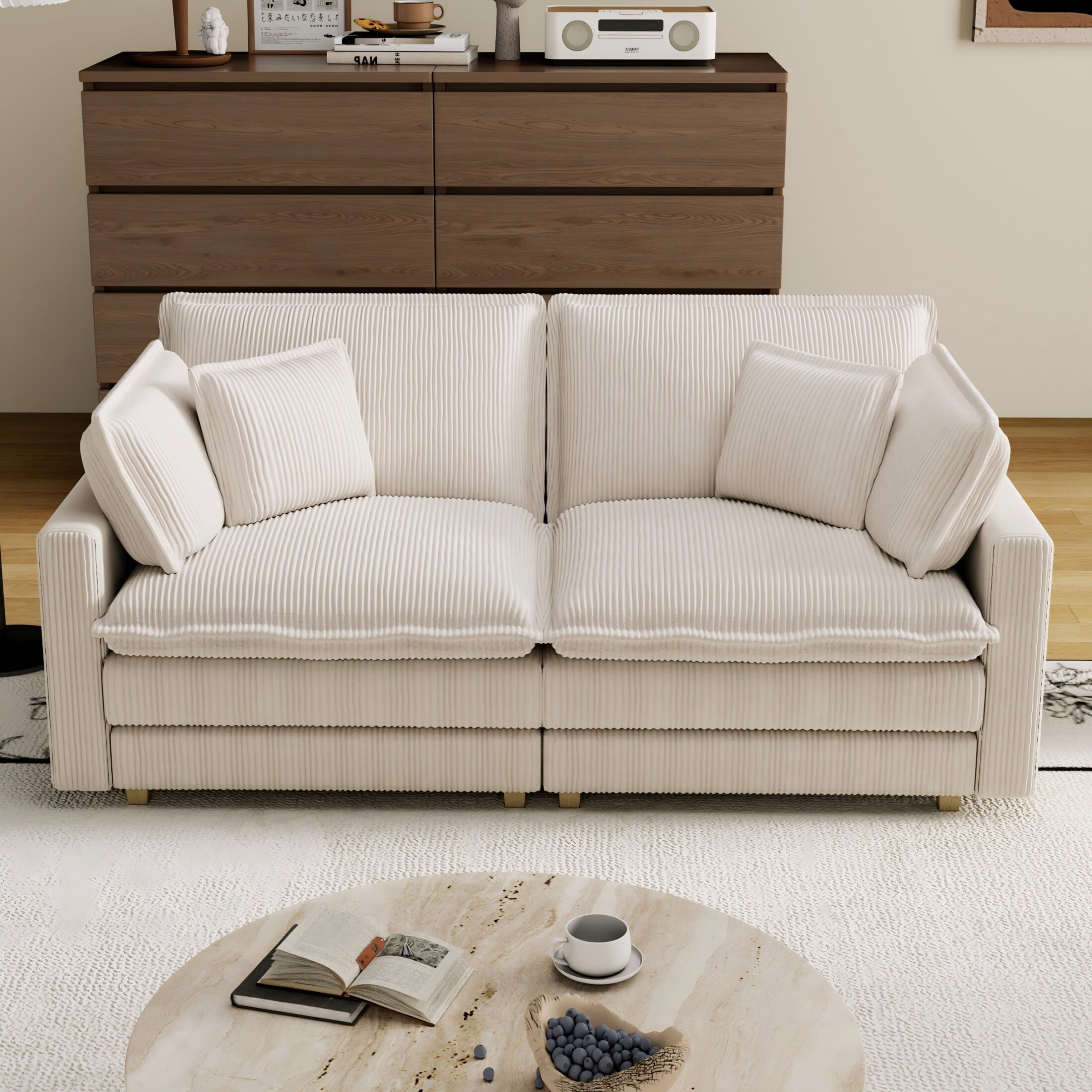 AENKYO 70.86'' Oversized Deep Seat Loveseat Sofa, Corduroy 2-Seater Couch with 4 Pillows, Cream