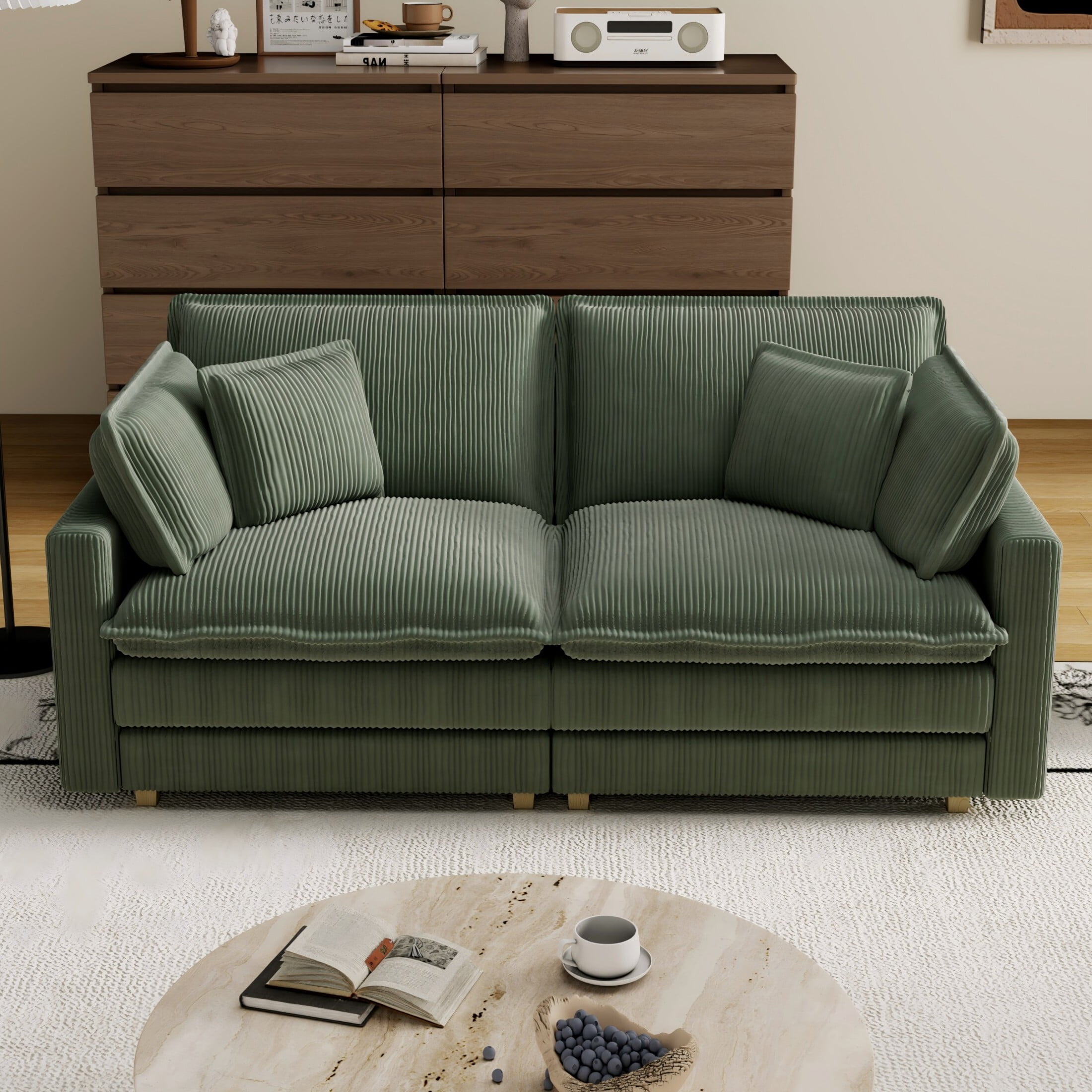 AENKYO 70.86'' Oversized Deep Seat Loveseat Sofa, Corduroy 2-Seater Couch with 4 Pillows, Green