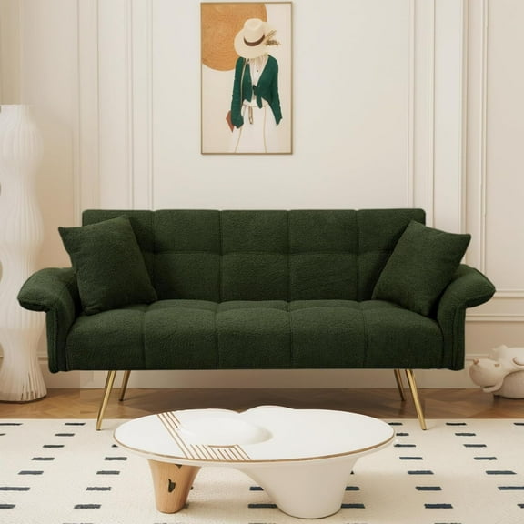AENKYO 70-in Teddy Velvet Foldable Futon Sofa Bed, 3-in-1 Adjustable Sleeper Couch, Green