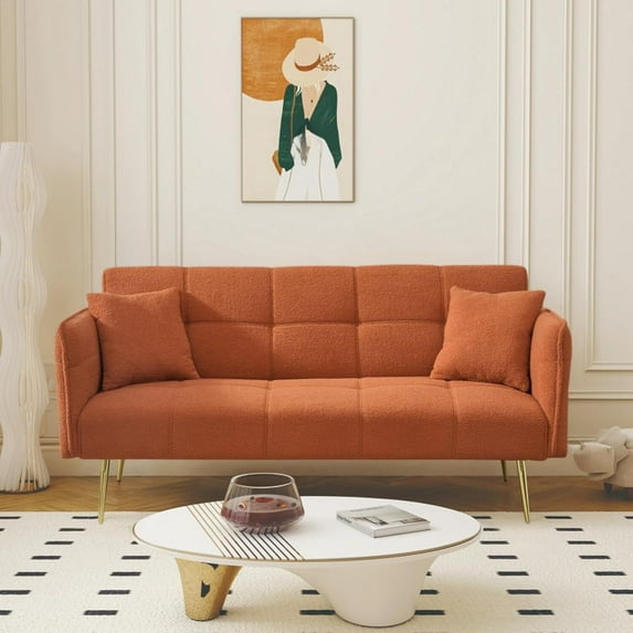 AENKYO 70-in Teddy Velvet Foldable Futon Sofa Bed, 3-in-1 Adjustable Sleeper Couch, Orange