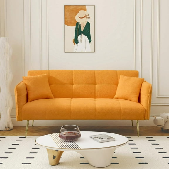 AENKYO 70-in Teddy Velvet Foldable Futon Sofa Bed, 3-in-1 Adjustable Sleeper Couch, Yellow