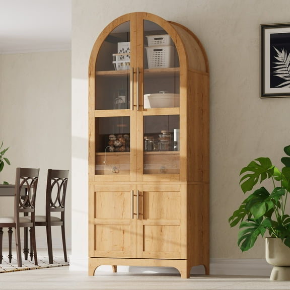 AENKYO 71" Arched Pantry Cabinet, Farmhouse Kitchen Storage with Tempered Glass Doors & Adjustable Shelves, Natural Color