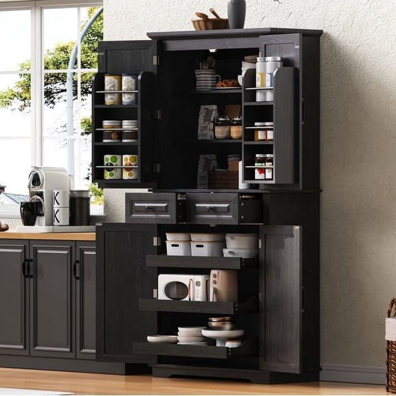 AENKYO 71-Inch Tall Rustic Kitchen Pantry Cabinet with 3 Pull-Out Shelves, Farmhouse Cupboard with Door Racks, Black